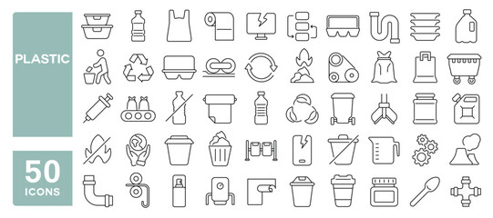 Set of 50 line icons related to plastic, package, garbage, waste, plate, vinyl, recycle, dumpster, pipe, bottle, Editable stroke. Vector illustration