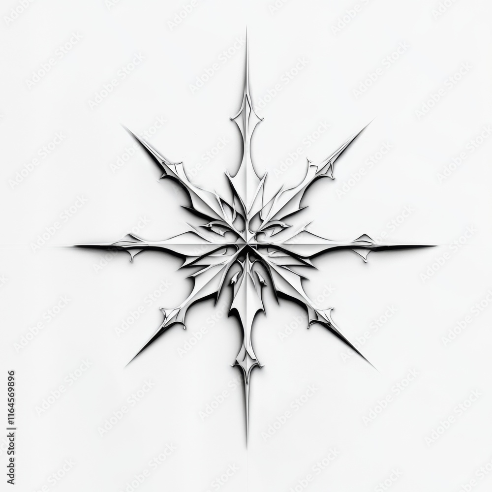 Poster abstract grayscale snowflake design with sharp points and intricate details on white background.