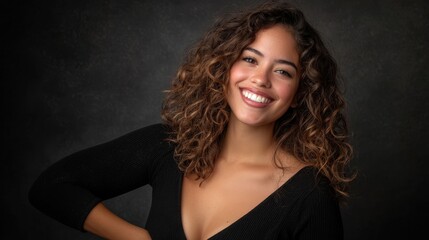 Fototapeta premium A woman with curly hair is smiling and posing for a photo
