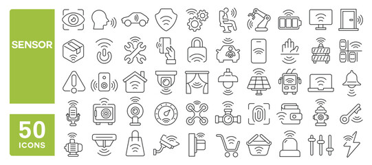 Set of 50 line icons related to sensor, alarm, security, alert, identity, smart, lock, control, device, detect, Editable stroke. Vector illustration