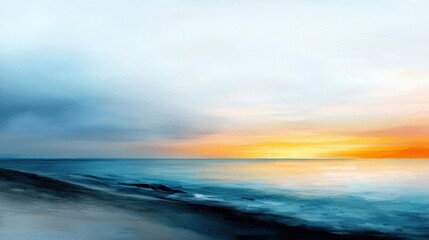 Fototapeta premium A painting of a beach with a calm ocean and a beautiful sunset