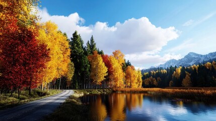 Obraz premium A beautiful autumn day with a road leading to a lake