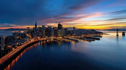 Fototapeta premium A city skyline with a bridge in the background and a large body of water