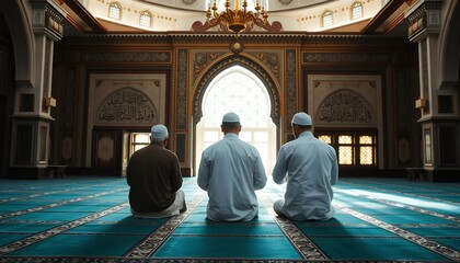 Serene Mosque Interior: Three Men in Prayer, Peaceful Light