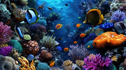 Fototapeta premium A colorful underwater scene with many fish and coral