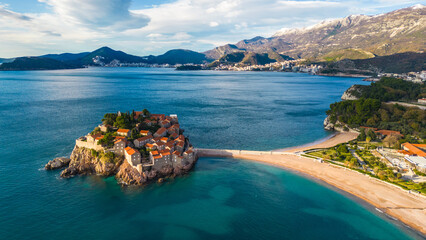 Sveti Stefan, one of Montenegro's most iconic destinations, captured from the drone, showcases its...