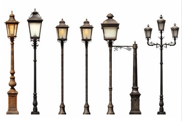 Set of Five Vintage Street Lamp Posts and Lanterns for Outdoor Lighting Decoration on White Background