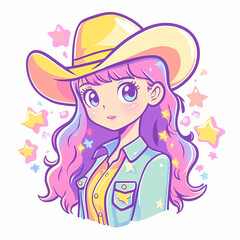 Colorful cartoon cowgirl with long purple hair and cowboy hat surrounded by stars. Generative AI