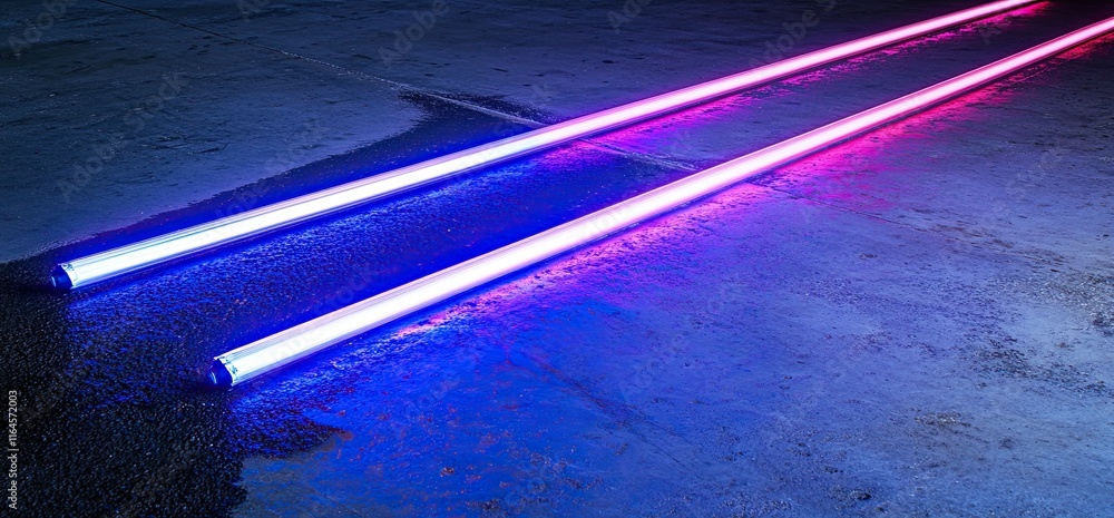 Poster a 3d rendering of futuristic sci-fi shapes in neon blue and purple lights, displayed on a black back