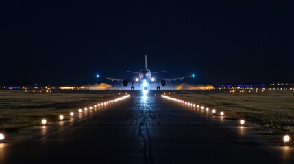 A plane is taking off from an airport runway at night