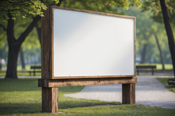 Fototapeta premium Wooden frame with a blank banner in a park setting. Perfect template for custom designs or text placement.