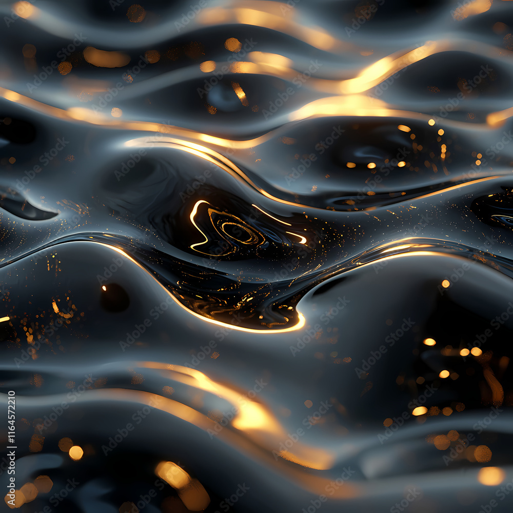 Poster smooth flowing waves of black and gold liquid create a captivating visual effect in a dark setting. 