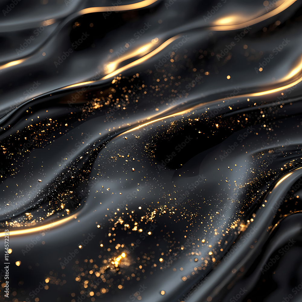Poster textured surface with flowing black material and shimmering gold particles creating a luxurious effe