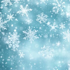 Falling snowflakes on a soft blue background.