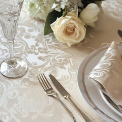 Elegant table setting with damask tablecloth, roses, and silverware.