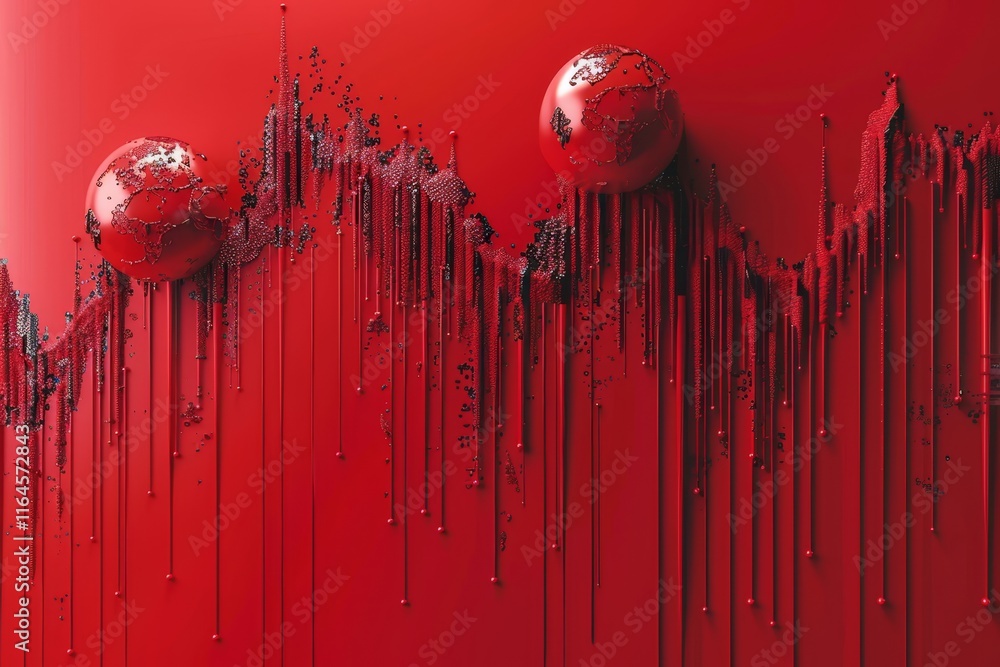 Poster graph depicting contrasting trends one line decreasing and another increasing in red tones