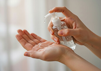 Women's hands using hand washing alcohol gel or sanitizer against the novel Coronavirus or Corona Virus Disease (Covid-19). Antiseptic, Hygiene and Health Concept