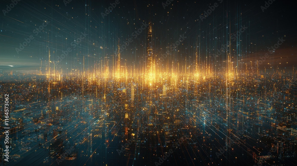 Poster futuristic cityscape with data streams.