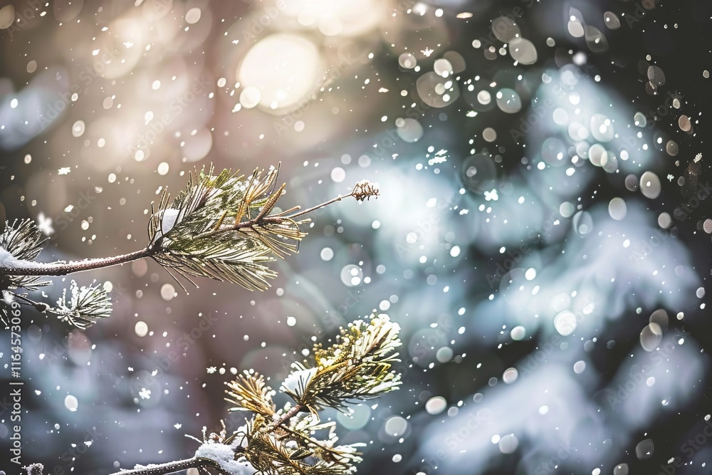 Poster snow covered pine branch adorned with glowing bokeh lights and delicate snowfall all around