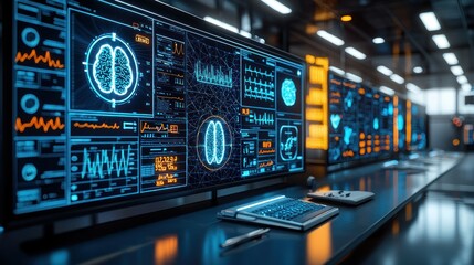 Futuristic control room with brain scan interface.