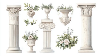 Naklejka premium Elegant Arrangement of Four White Vases Filled with Colorful Flowers and Lush Green Leaves Creating a Serene Atmosphere