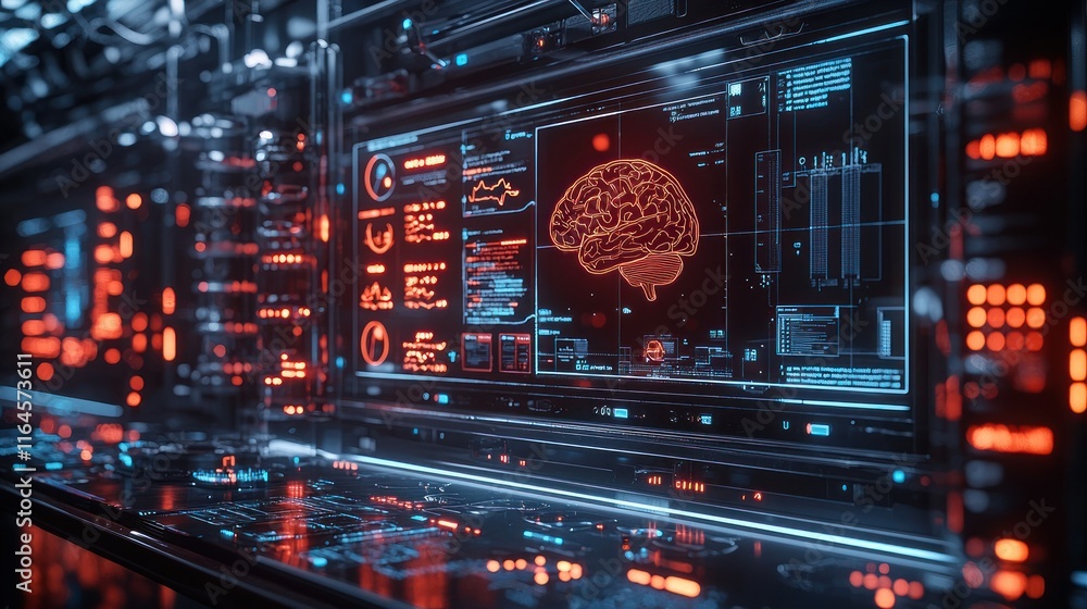 Aufkleber futuristic lab with brain scan on screen.