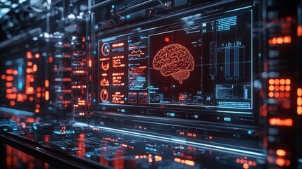Futuristic lab with brain scan on screen.