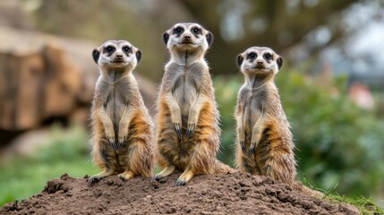 Fototapeta premium Alert Meerkats Standing on Hill in Soft Light