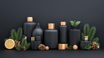 Elegant Black Bottles with Gold Trim Surrounded by Fresh Fir Branches on a Dark Background Evoking a Festive Atmosphere