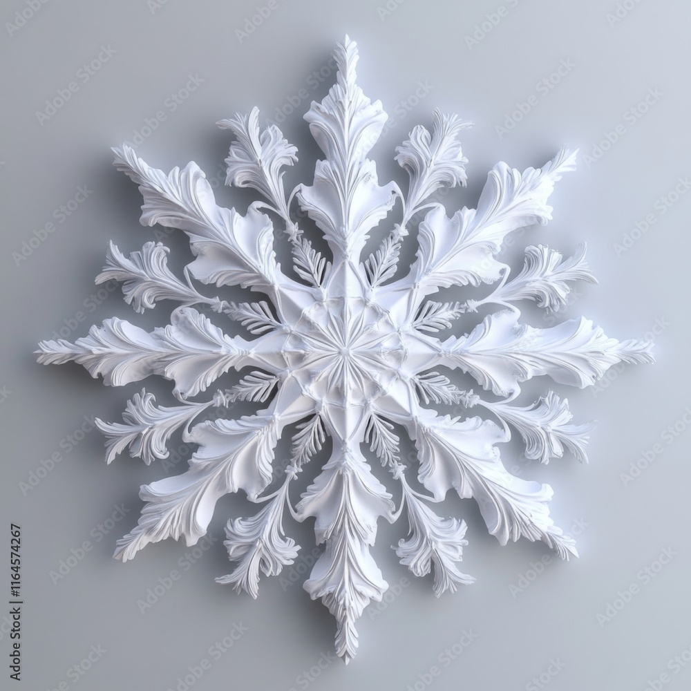 Poster intricate white snowflake design, 3d render.