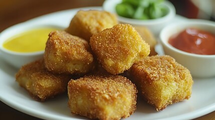 Golden Fried Fish Bites Served With Dipping Sauces