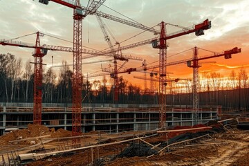 Naklejka premium Tower cranes against a red sunset silhouettes of new city buildings and construction sites