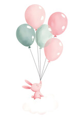 Naklejka premium Bunny with balloons sitting on a cloud, watercolor cute illustration