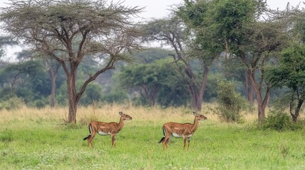 Fototapeta premium Animals Grazing in Natural Habitat by Acacia Trees