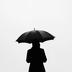 Silhouette of a woman with a black umbrella in foggy weather.