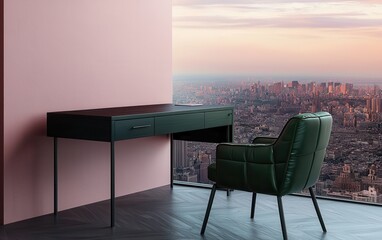 A minimalist dark oak desk with gunmetal legs overlooks a cityscape bathed in soft rose and peach hues