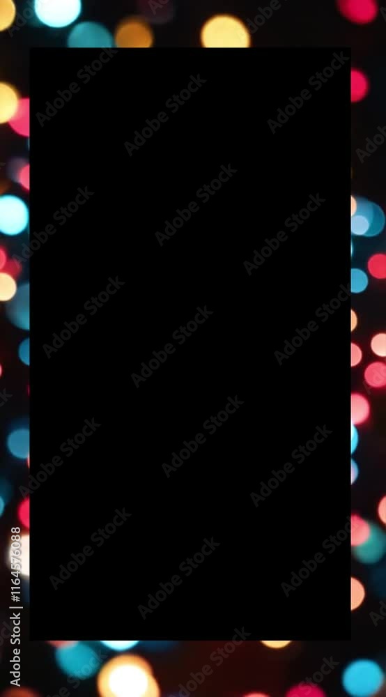Poster Black frame mockup with multicolored bokeh lights creating a vibrant, dreamy effect on a dark backdrop