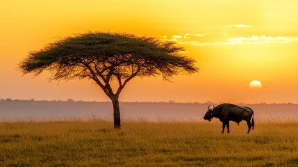 Obraz premium Buffalo under a Tall Acacia Tree at Golden Hour