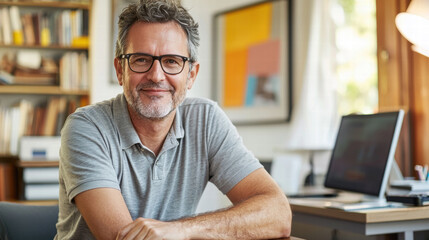 A relaxed middle-aged man with glasses, dressed in a solid-colored polo shirt, leaning casually on his desk in a modern home office, warmly engaging with the viewer