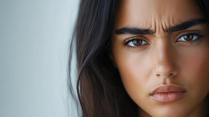 Naklejka premium Close-up Portrait of a Woman with Frowning Expression