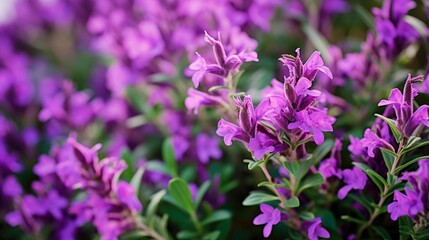 Obraz premium Texas Sage Plant Decoration: Abstract Green Cloud Background with Purple Leaves and Flowers for Summer Decor