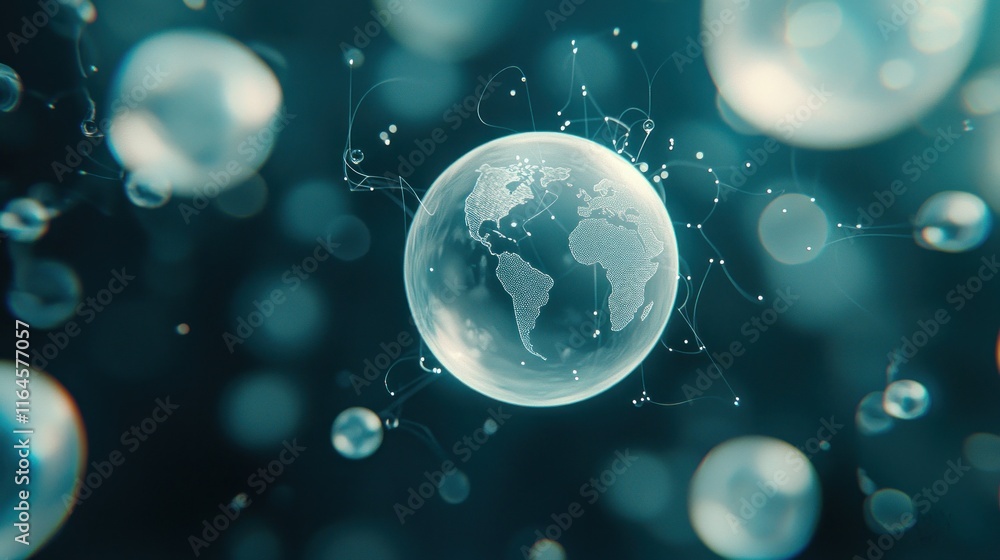 Poster glass earth globe with connecting lines and bubbles.