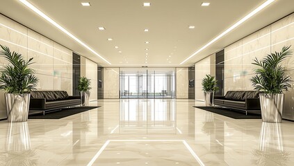 A minimalist lobby featuring glossy ivory marble floors