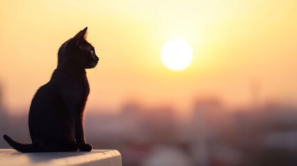 Silhouetting against a vibrant sunset, a black cat sits peacefully on a rooftop, soaking in the warm golden hour light and serene atmosphere