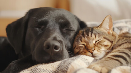 Adorable black labrador retriever dog and tabby cat cuddling on a cozy plaid blanket in warm natural light, embodying peaceful friendship
