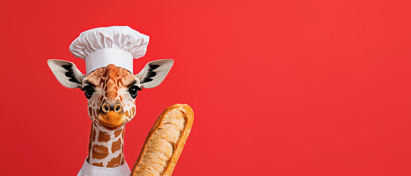 Whimsical giraffe dressed as chef holds baguette against vibrant red background, showcasing playful culinary theme