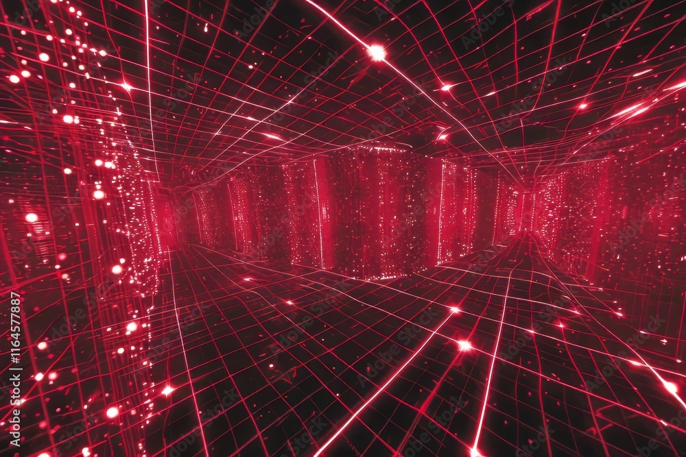 Poster futuristic digital cityscape a glowing red grid network of data streams and geometric depth