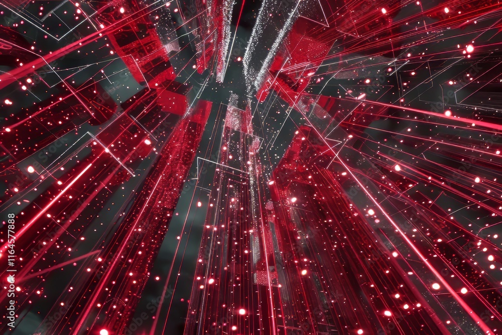 Poster futuristic digital cityscape a vibrant red grid of interconnected nodes and data streams