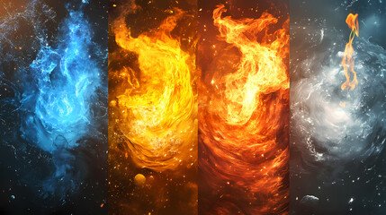 Four elements of nature water fire air earth dynamic composition with dramatic backlighting. Incandescence. Illustration