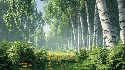 Sunlit birch forest path with wildflowers and ferns.